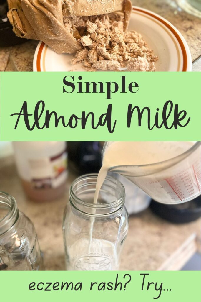 almond pulp on a plate. and a measuring cup pouring into a mason jar fresh almond milk.